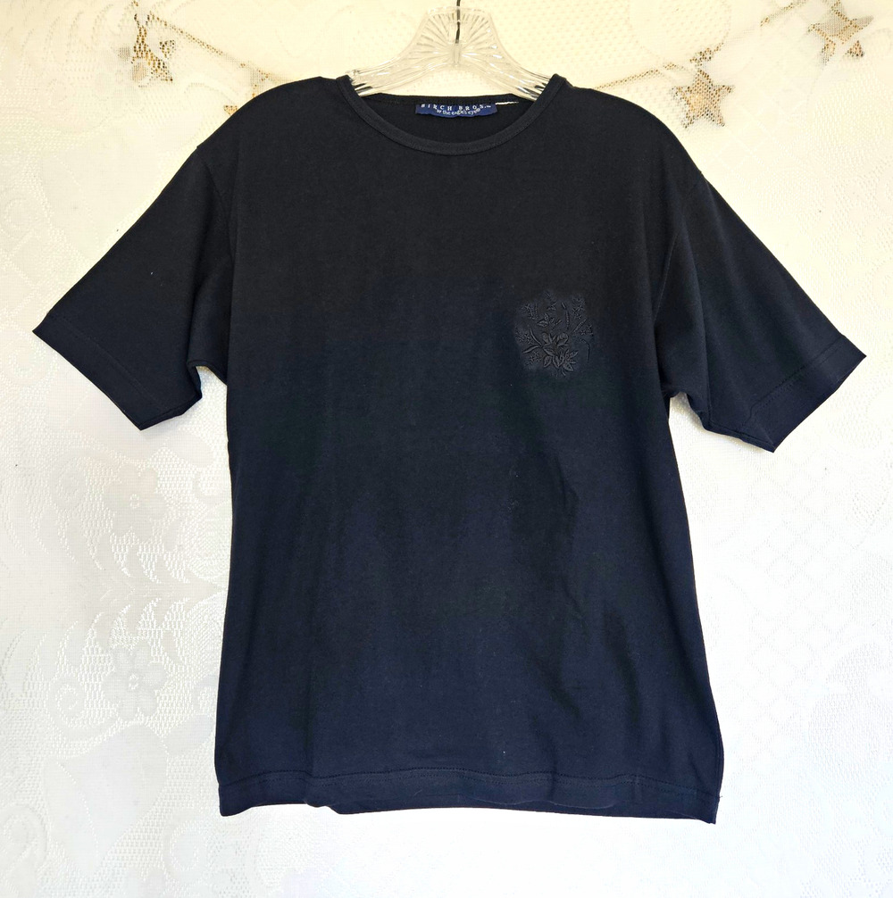 Birch Bros Womens Medium Black On Black Short Sleeve Floral Embroidered T-Shirts